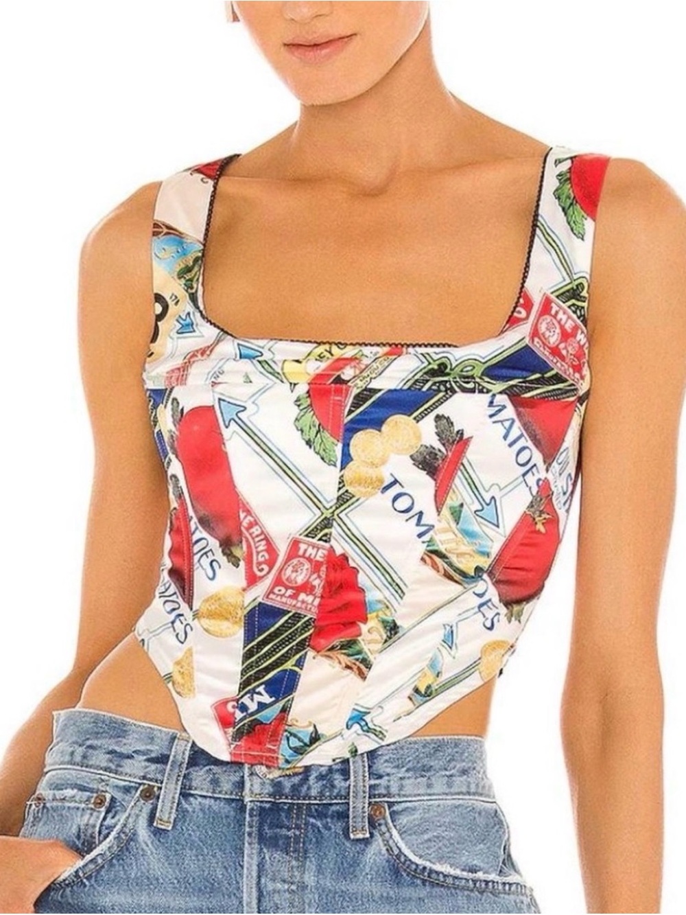 Miaou Campbell Satin Sleeveless Corset Top Womens XL  Figaro Print Boning Zipper